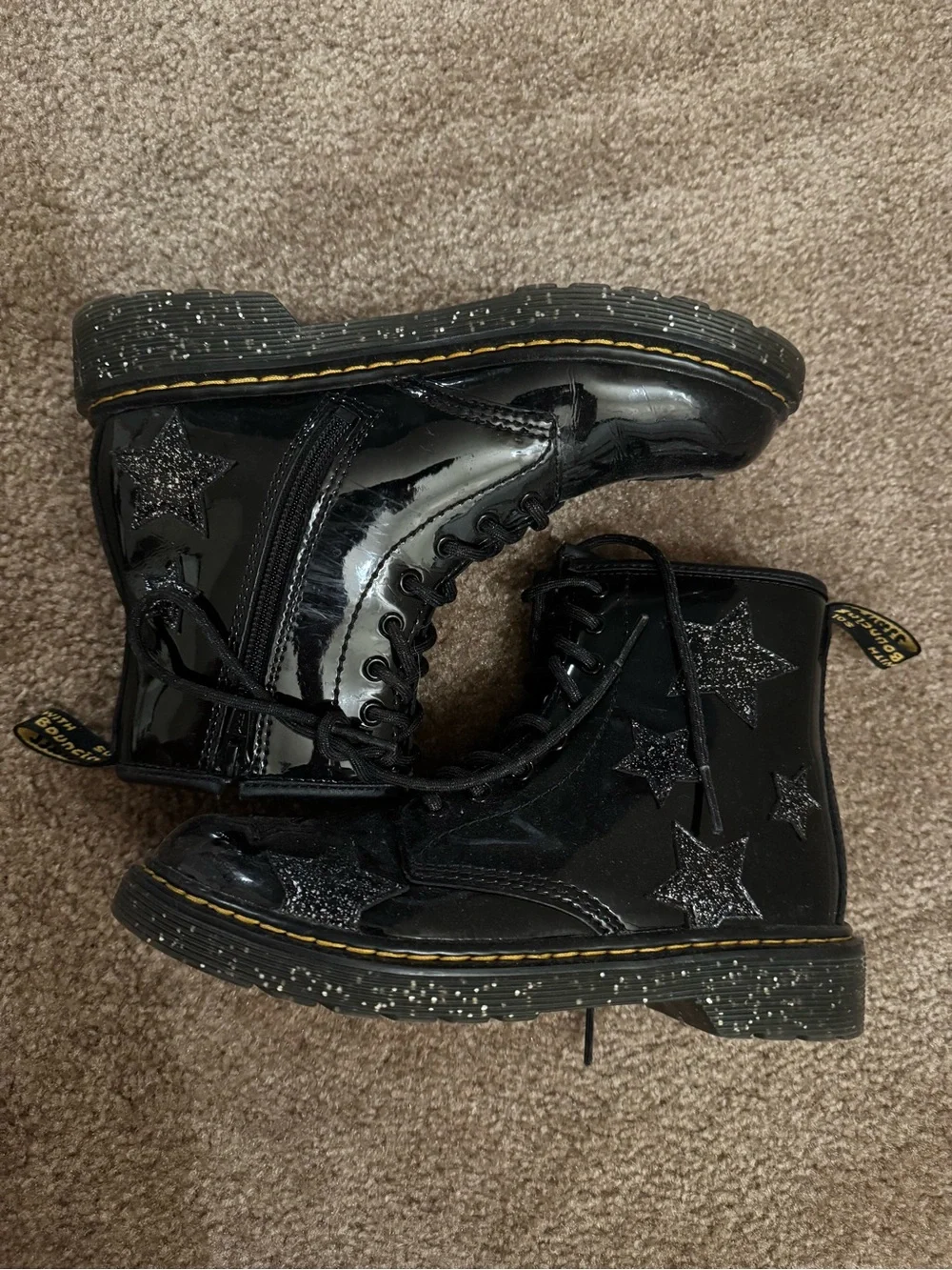 Dr. Martens Black Patent Lace-Up Kids' Boots with Star Accent